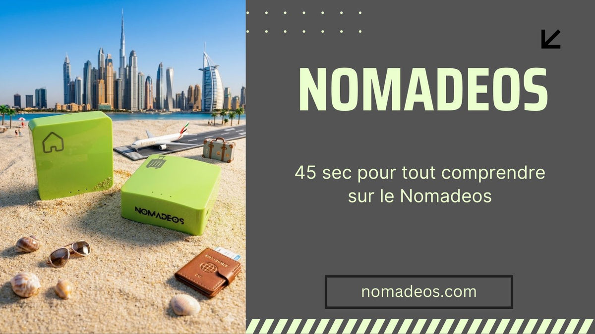 Une personne présente le Nomadeos, assise à son bureau, le boîtier branché à son ordinateur portable.