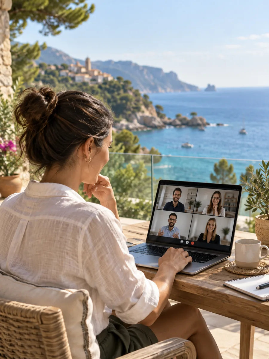 Une femme travaille sur son ordinateur portable en terrasse, face à la mer, en visioconférence.