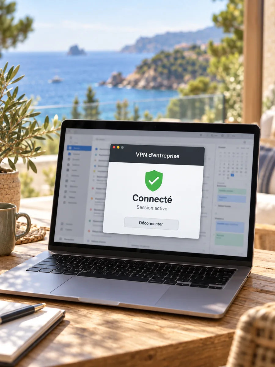 Un ordinateur portable en extérieur affiche une session VPN d’entreprise connectée.