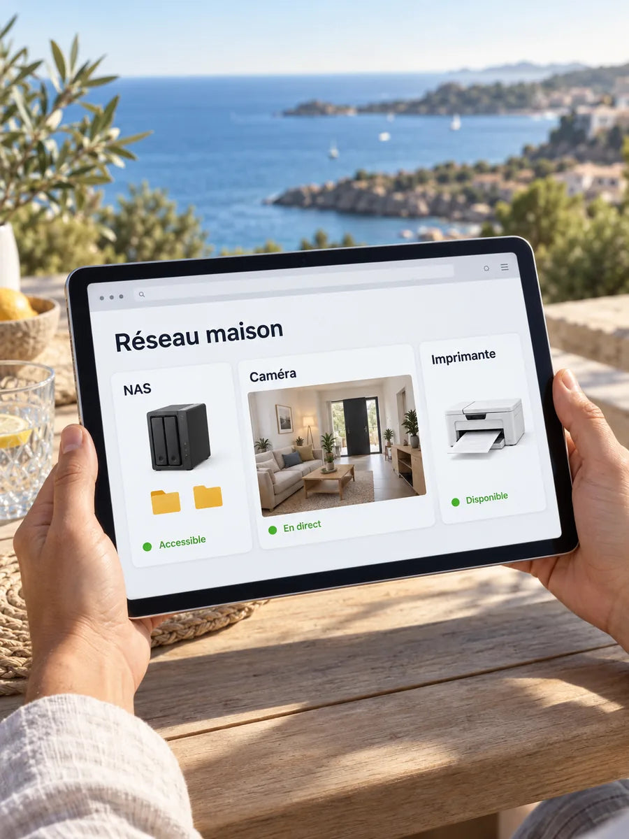Une tablette affiche le réseau domestique : NAS, caméra et imprimante, tous disponibles.