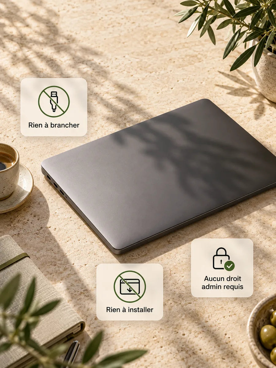 Un ordinateur portable fermé, avec la mention qu’il n’y a rien à installer dessus.