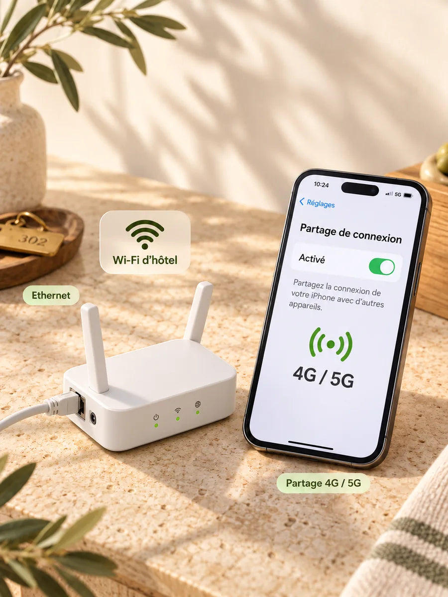 Le boîtier de voyage à côté d’un téléphone en partage de connexion 4G.